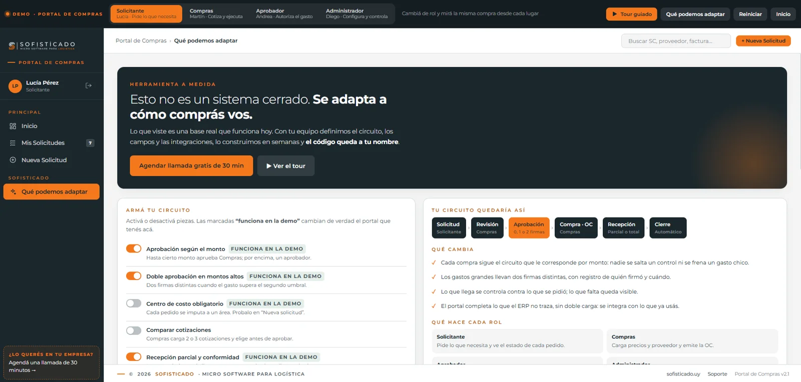 Portal de compras: pantalla para armar el circuito activando aprobaciones, centros de costo y recepción parcial