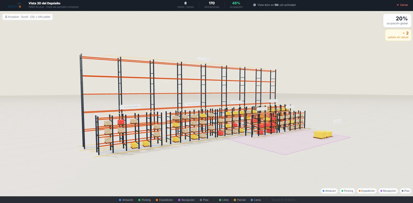 Brutus WMS: depósito en 3D en tiempo real con racks y pallets por estado