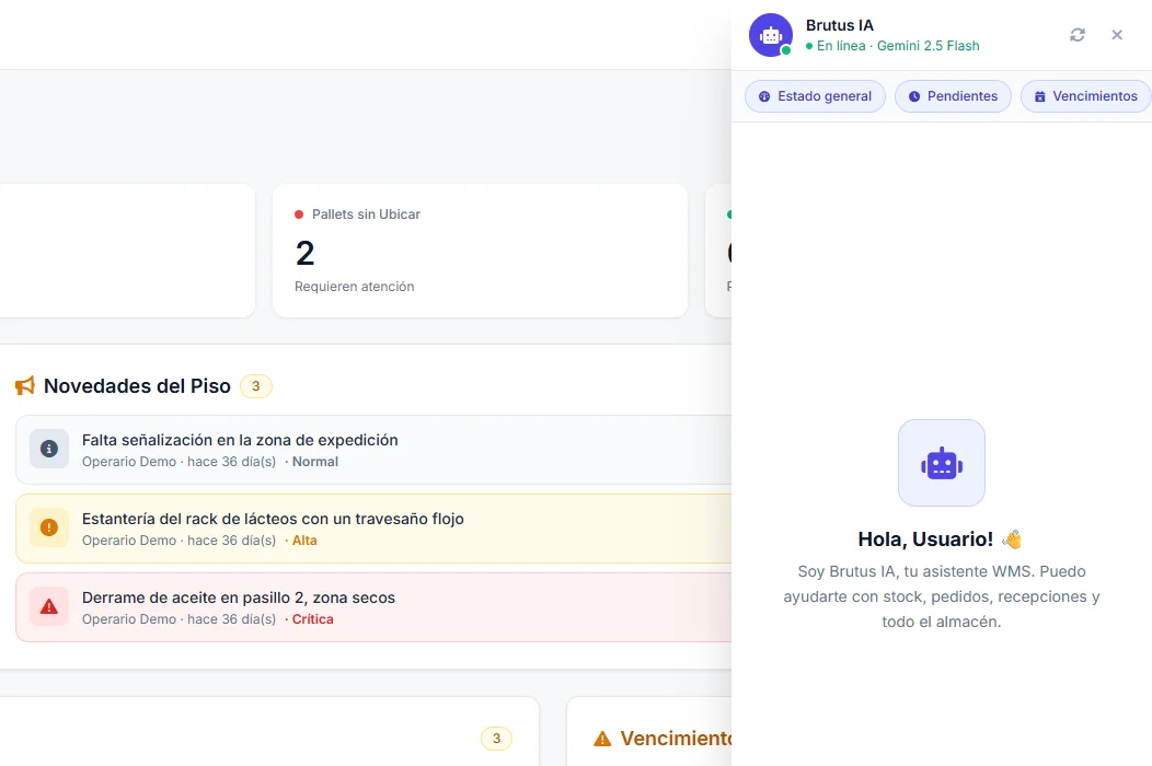 Brutus WMS: panel con Brutus IA, el asistente por chat, tareas pendientes y novedades del piso