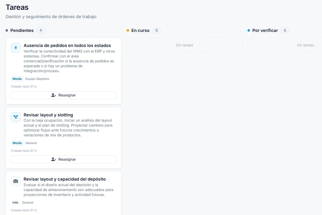 Brutus WMS: tablero de tareas con columnas pendientes, en curso, por verificar y verificadas
