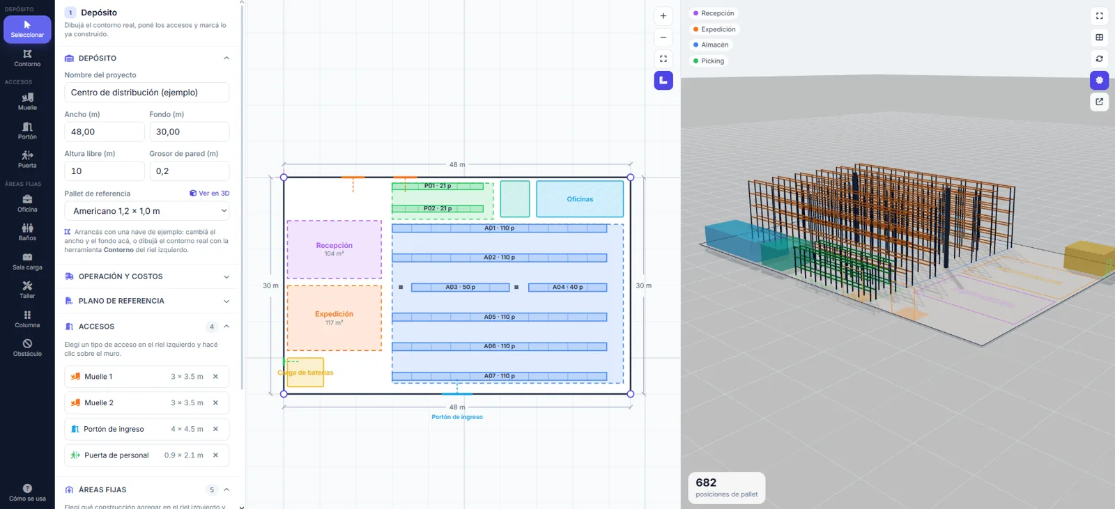 Simulador de layout de depósitos de Sofisticado: plano 2D con racks, zonas de recepción y expedición, y vista 3D con 682 posiciones de pallet