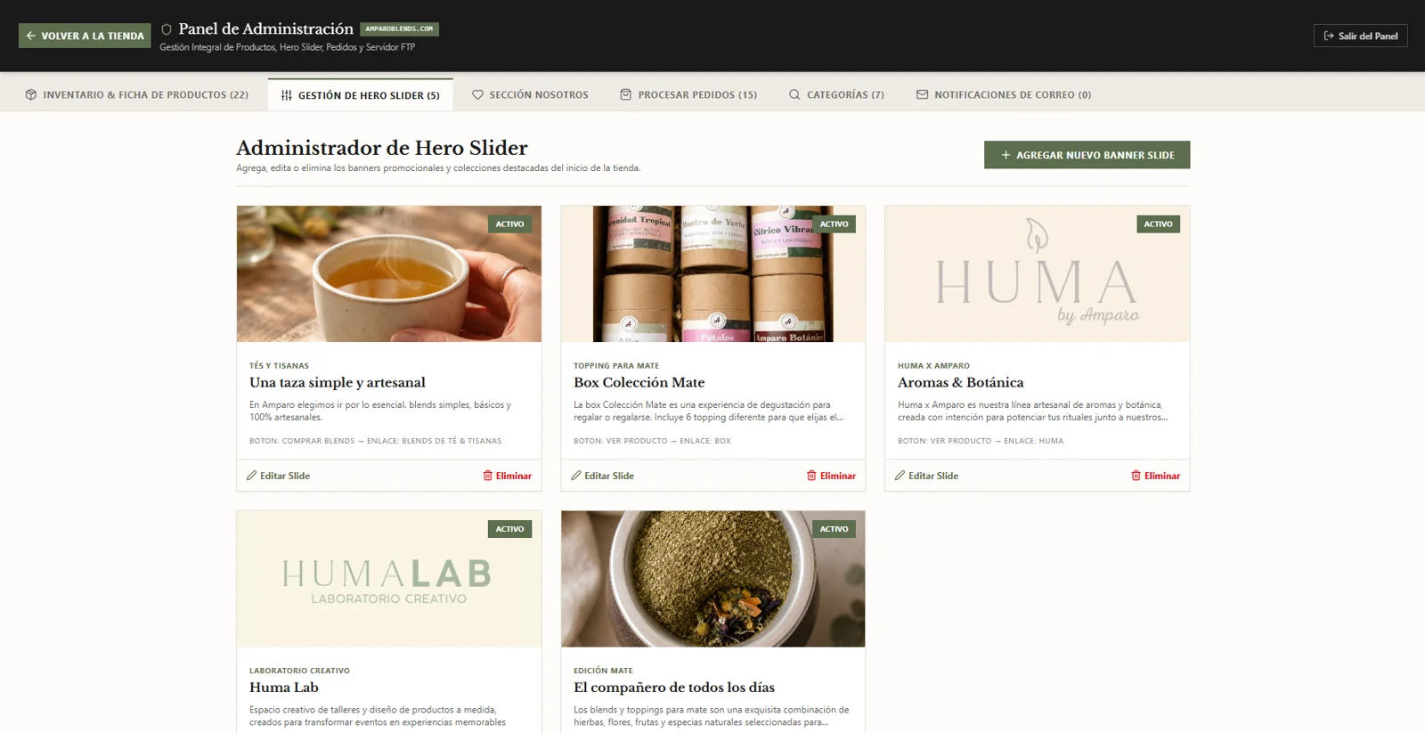Panel de administración de la tienda: gestión de productos, banners, pedidos y categorías